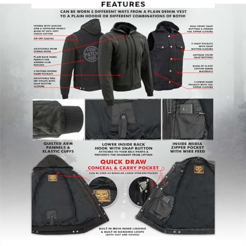 Milwaukee Leather MDM3020 Men's Black Denim '5-in-1' Club Style Vest with Removable Hoodie2