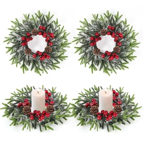 Image of 4 Pcs Christmas Candle Rings Wreath Mini Christmas Table Centerpieces Red Berry Pinecones Wreaths for for Front Door Kitchen Cabinet Holiday Party Farmhouse Porch Wall Outdoor Indoor Home Decoration