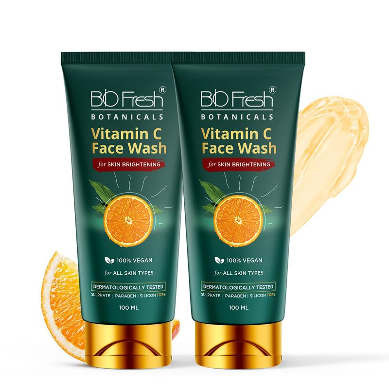 BIOFRESH BOTANICALS Vitamin C Face Wash - 100ml Skin Brightening Cleanser with Saffron & Orange Peel Extracts 100% Vegan Sulfate-Free Deep Cleansing Gel Face Wash for Glowing Skin (Pack of 2)