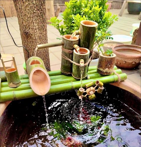 Bambusbrunnen mit Wasserrad für Garten, Außen, Innenbereich, Teich,...