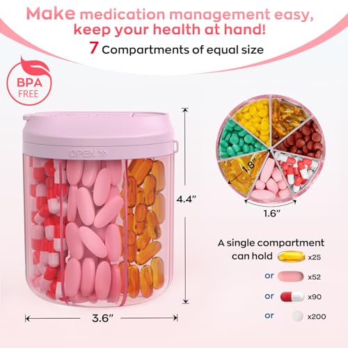 Image of Hionxmga Pill Dispenser with 7 Large Compartments, Pill Bottle Organizer for Travel, Supplement Organizer with Anti-Mixing Design, Pink
