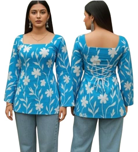 Short Kurti for Women and Girls,Floral Print Long Sleeve Top for Women, Square Neck, Lace-Up Back, Bell Sleeves-image-34