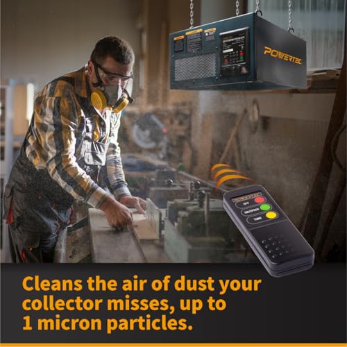 Image of POWERTEC AF4001E 3-Speed RF Remote Controlled Air Filtration System Woodworking (300 /350 /400 CFM), Hanging Air Filter for Dust Collector & Workshop, Air Purifier for Garage