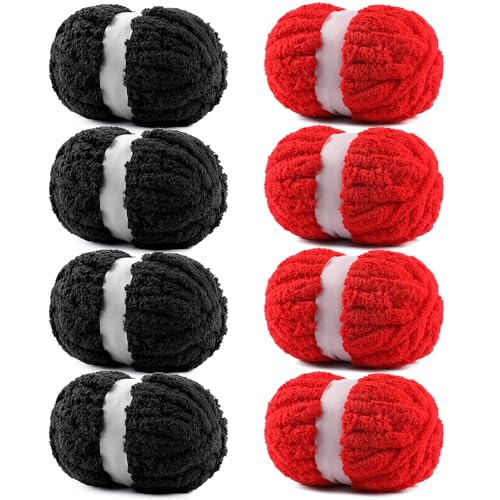 Image of 8 Pack Chunky Chenille Yarn #10 for Hand Knitting - Super Bulky Chunky Knit Blanket Yarns, Jumbo Big Thick Chunky Yarns for Crocheting (8, Black & Red)