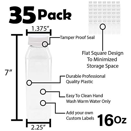 Empty Water Juice Clear Bottles with Caps Bulk 35 Pk 16 oz Clear Plastic Bottles with White Tamper Proof Lids Funnel Labels Great for Juicing Smoothies Business
