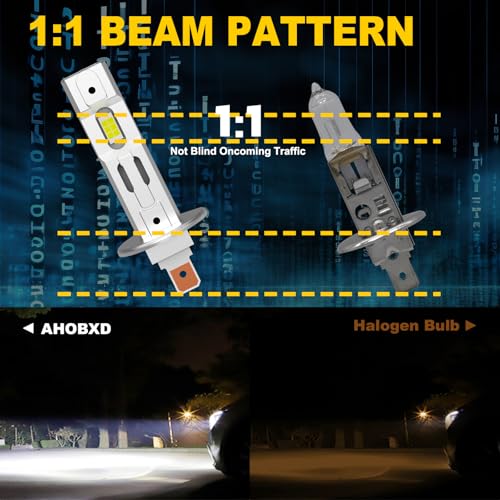 Image of AHOBXD H1 Light Bulbs,6500K White Super Bright Upgraded 600% 30000LM Brightness Real 1:1 Halogen Size 80000Hours Lifespan H1 /H1LL Flicker Free and Canbus Free IP68 Waterproof Pack of 2