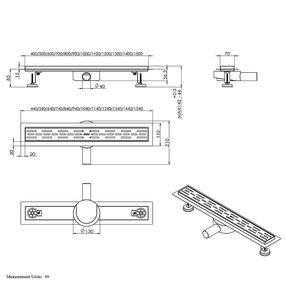 Aica Caniveau de Douche Italienne Acier Inoxydable Siphon Sol Réglable D'évacuation le Modèle Linéaire + 2 en 1 + 360° à Carreler Drain de Douche Rectangulaire Extra Plat Argent (80cm)