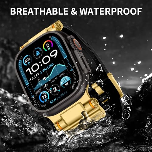 Image of FOAMUNOC Rugged Band Compatible with Apple Watch Ultra 3 /2 /1 Band 49mm /46mm /45mm /44mm /42mm, Metal Connector with Silicone Strap for iWatch Ultra Series 11 /10 /9 /8 /7 /6 /SE3 /SE2 /SE /5 /4 /3 /2 /1, Gold Black