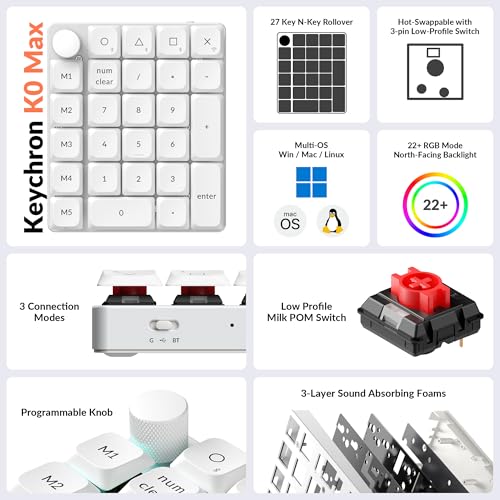 Image of Keychron K0 Max QMK Wireless Custom Number Low-Profile RGB Backlit (Hot-Swappable) Red Switch Keypad, 2.4 GHz & Bluetooth 5.3 Connection, 1000Hz Polling Rate - White