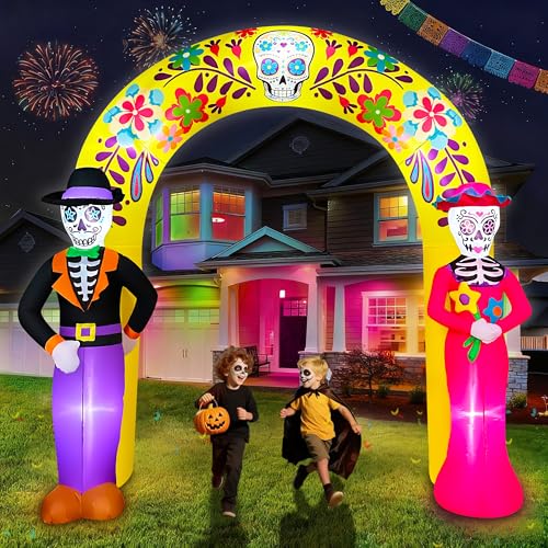 SEASONBLOW 10 Ft Day of The Dead Inflatable Archway with Sugar Skull Couple Decoration Giant Halloween Inflatable Arch LED Light Up Blow Up Dia de Los Muertos for Halloween Party Garden Yard Decor