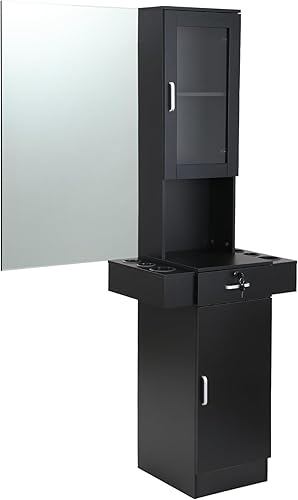 RESHABLE Estación de salón con espejo, gabinetes de salón y almacenamiento para estilista, estación de peinado con puerta de vidrio, soportes para
