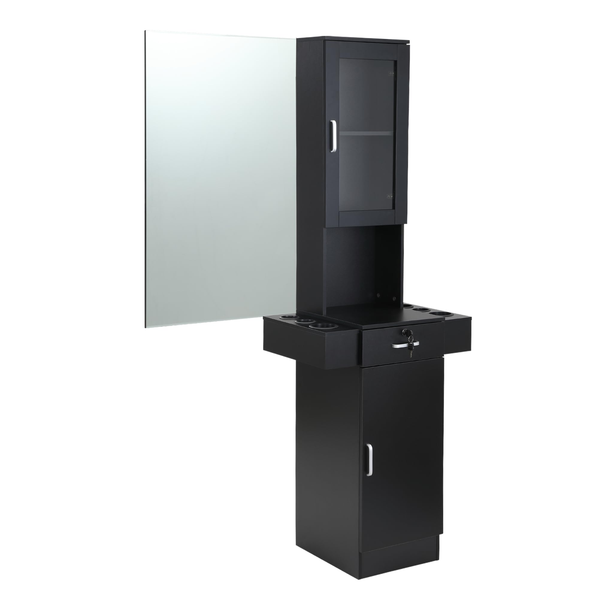 RESHABLESalon Station with Mirror,Salon Cabinets and Storage for Hair Stylist,Hair Styling Station with Glass Door,Tool Dryer Holders, Salon Beauty Spa Barber Equipment, Black