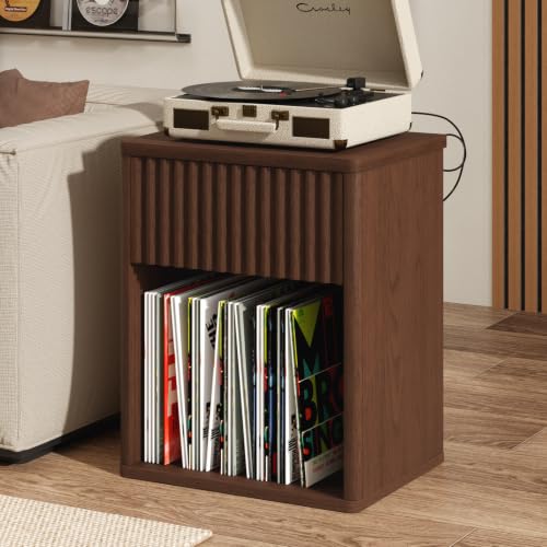 Image of Fluted Nightstands Set of 2 w /Charging Station, Wooden End Table Bed Side Table with Curved Drawer, Mid Century Modern Fluted Night Stand with Rounded Edge for Bedroom, Living Room Sofa, Walnut