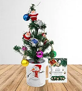 Khakee Merry Christmas Theme Mug & Xmas Tree with 10 pcs Ornaments & Xmas Card Combo Set - Xmas Decoration Gift Set (c059P)