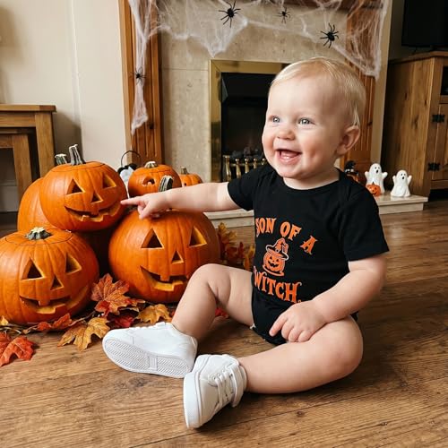 ABlibuy newborn Baby Boy Halloween Outfit Son Of A Witch Pumpkin Romper Short Sleeve Bodysuit Halloween Onesie Romper (Black, 3-6 Months)