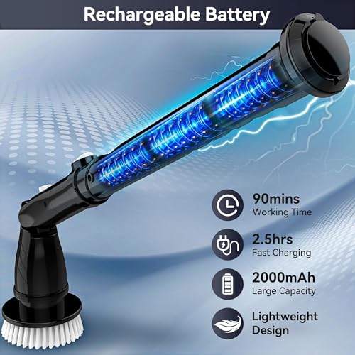Electric Spin Scrubber, 450RPM Cordless Shower Cleaner with 5 Replaceable Cleaning Heads and Adjustable Extension Arm, 1.5H Power Bathroom Brush for Bathtub, Tile, Floor, Wall, Sink - Image 4