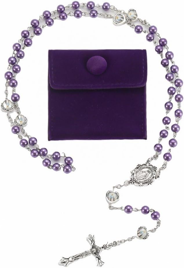 Glass Pearl Beads Rosary Necklace with Pouch