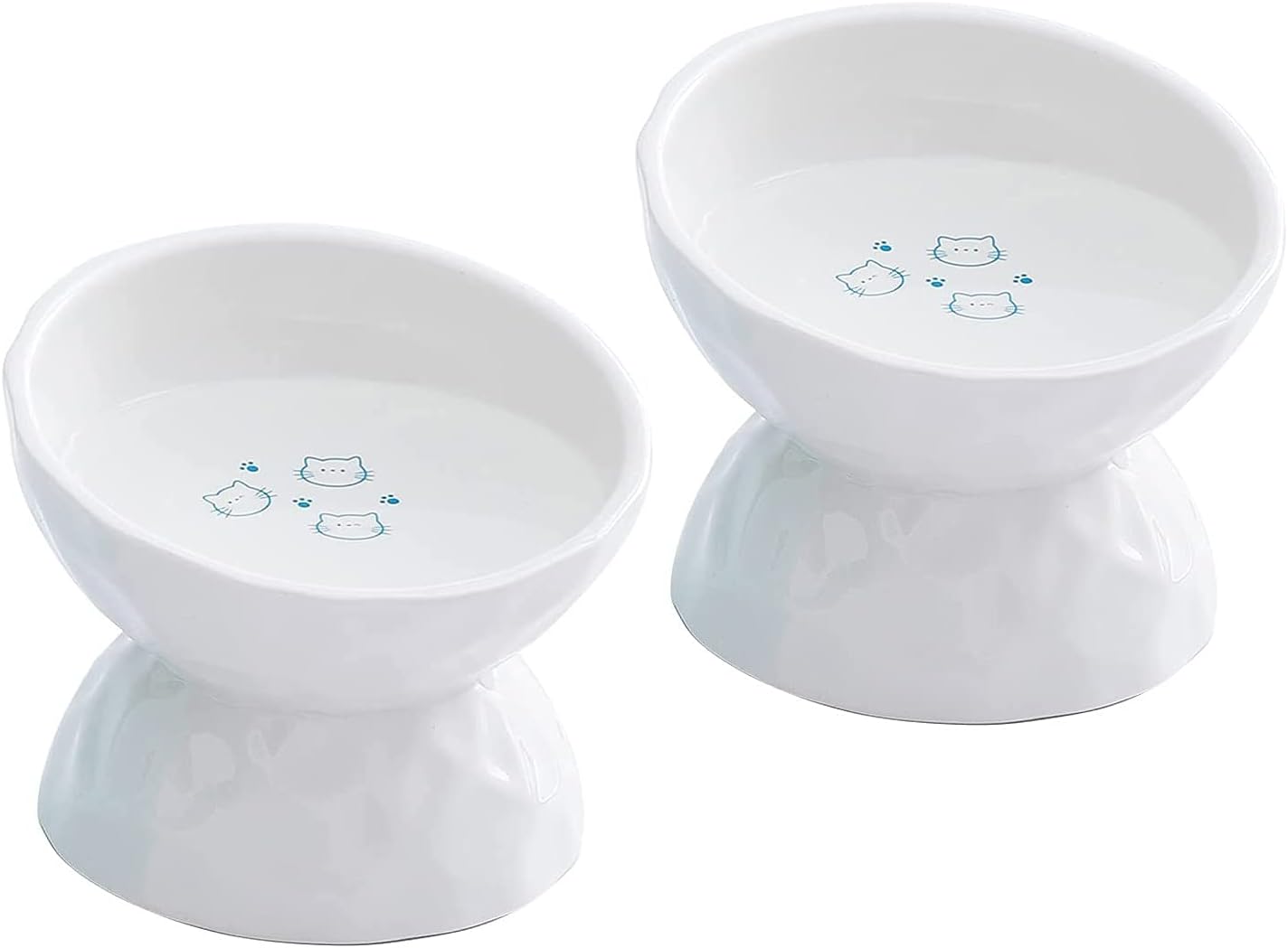 Ceramic Raised Cat Bowls, Tilted Elevated Cat Food and Water Bowls Set, Porcelain Stress Free Pet Feeder Bowl Dish for Cats and Small Dogs, Dishwasher and Microwave Safe, White & White, Set of 2