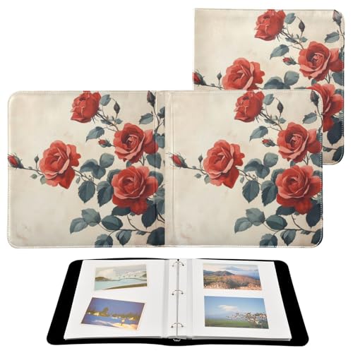 Álbum de fotos adhesivo DIY con cubierta de PU Leather rojo con motivo floral, 3 anillas, 40 páginas, 11.8 x 11.2 pulgadas miniatura 2