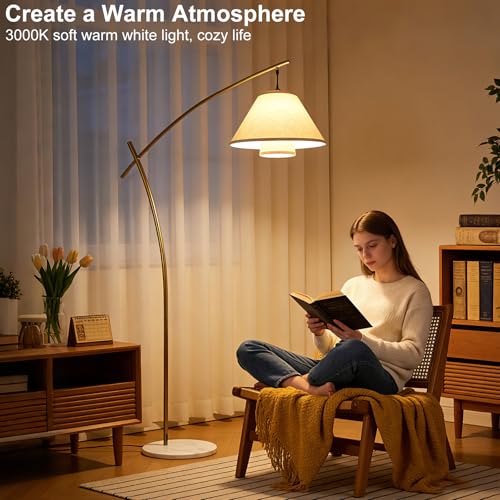 Image of Lightdot Arc Floor Lamp for Living Room, Modern Standing Tall Lamps with Double Linen Lampshade, Tall Hanging Pole Lamp with Bulb Included for Bedroom Sofa Beside /Corner Decor - Gold