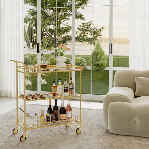 Image of Gold Bar Cart, Home Bar Serving Cart with Handle, Wine Cart with 3-Tier Glass Shelves, Beverage Cart with Wine Rack and Glass Holder, Bar Carts for The Home, Dining Room, Living Room