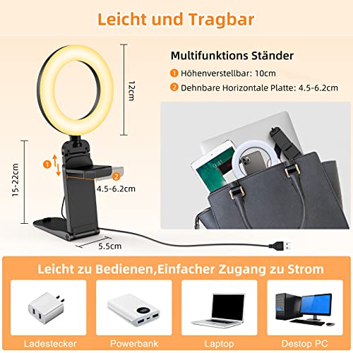 New Ringlicht LED Videolicht Dauerlicht Laptop PC,Evershop 5” Streaming Licht mit Stativ&Handyhalter 3 Lichtfarben+10 Helligkeiten 360°Drehbar Videokonferenz Licht für Tiktok Zoom YouTube Live Stream