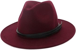 THAELY Otoño Invierno Clásico Banda de Cuero Decoración Algodón Sombrero de ala Ancha Sombrero Fedora Jazz Panamá Sombrero de Fiesta Formal for Hombres Mujeres Jugadores (Color : Vino rojo, Tamaño :