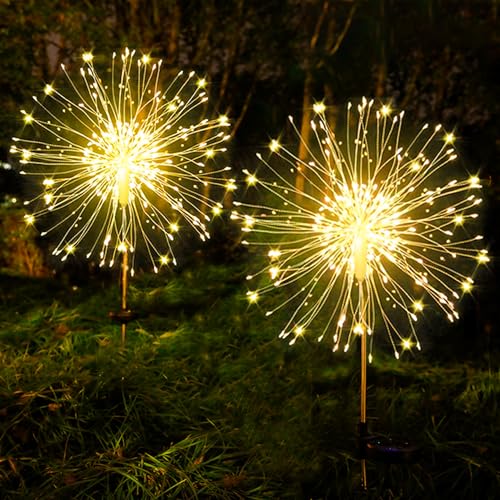Dekofun Solar Lights Outdoor Garden 2 Pack 120 LED Solar Firework Lights, 8 Lighting Modes Solar Starburst Lights Waterproof Solar Dandelion Lights for Garden Landscape Lawn Backyard - Warm White