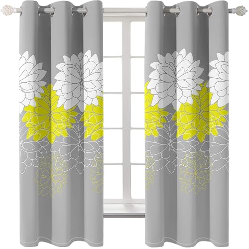 Homxi Cortinas Blackout Ventana 2 Piezas,2 x 102W x 214H CM,Cortinas de Salon Ojales Patrón de Flores Cortina Salón Blanco Amarillo Gris