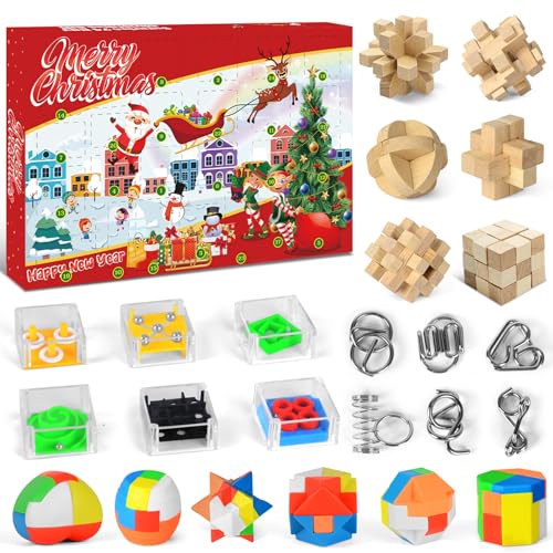 Calendrier De L'Avent Puzzle 2025 - 24 Casse-Têtes Bois Et Anneaux Métal - Jeu Famille Noël