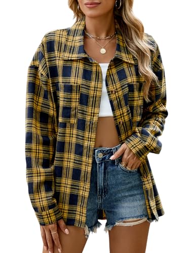 Karierte Bluse Damen Karohemd Trachtenbluse Oktoberfest Bluse Langarm Kariertes Hemd Damen Hemdbluse Casual Holzfällerhemd Longbluse Blusenshirt Hemdjacke Oberteile Casual Tunika Tops (Gelb,L)