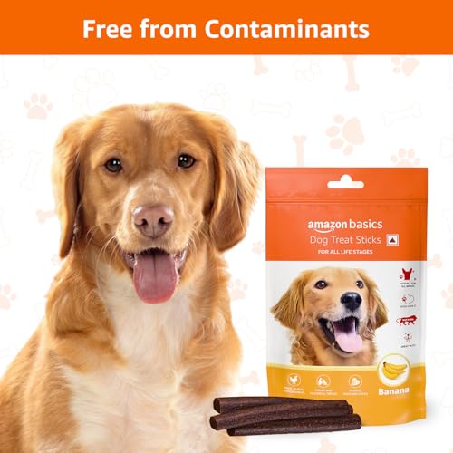 Image of Amazon Basics Dog Treat Sticks 140 gm, Chewy Meat Sticks for Adult Dogs and Puppies, High Protein Dog Treats for Training and Snacks, Made of Real Chicken Meat, Ziplock Pack, Banana Flavor