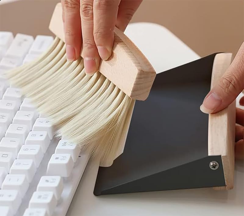 Schaufel und Besen Set,Tischbesen,Tischkehrset aus Holz und Metall,Mini Kehrblech und Handfeger Besen,Nylon Borsten,Schwarz – Bild 4