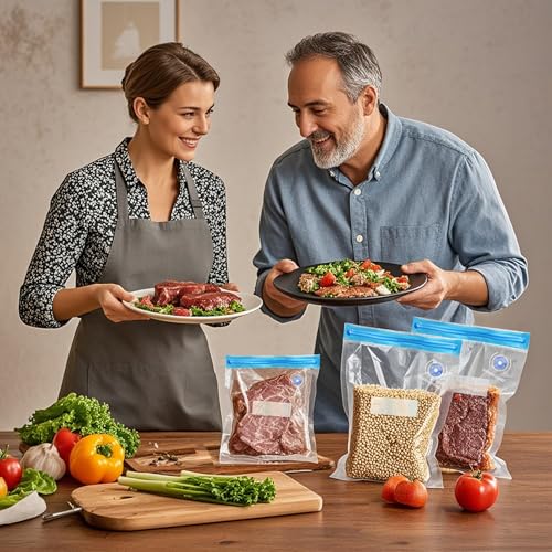 Image of Sous Vide Bags 28Pcs, BPA Free Reusable, with Air Valve, Double-Layered Food Storage for Cooking, Food Storage, and Microwave Heating. 3 Size 21 Vacuum Zipper Bags, 2 Seal Clips, and 5 Air Valves.