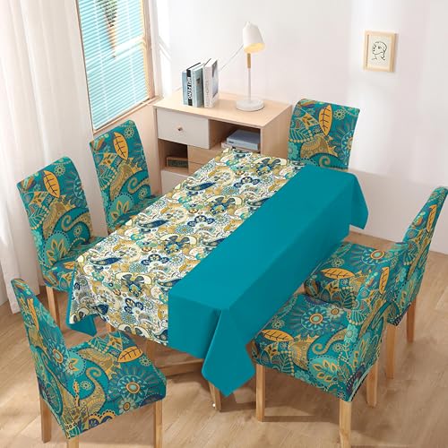 Image of Styleys Dining Table Cover 6 Seater Waterproof with Chair Covers | Table Cover Cloth | Dining Table Cover Clothe Combo - 1 Table Cover + 6 Chair Cover, Teal Paisley Print, XKFSZB-14
