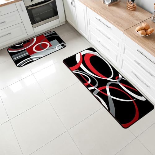 Juego de 3 tapetes geométricos rojos y negros para cocina miniatura 2