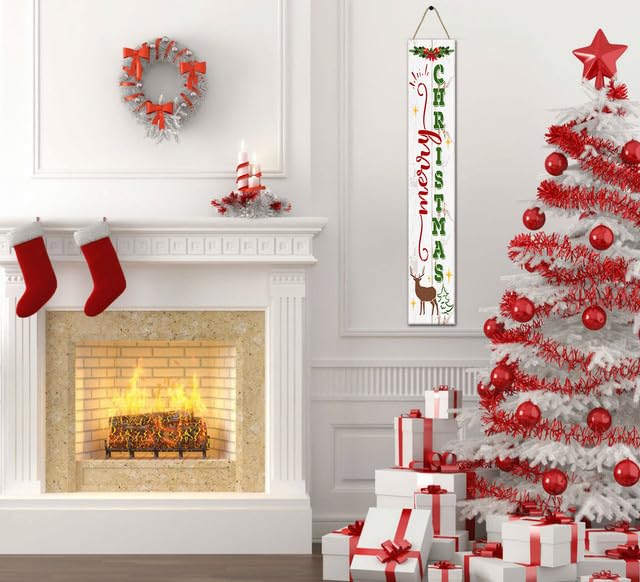 Letrero de Navidad de bienvenida vertical para puerta delantera, porche, de pie, colgante, grande, de madera, para decoración del hogar, decoración navideña, festividades, Navidad, 20 x 120