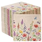 Table Kind 100 x Soft Recycled Paper Napkins 2ply, 33cm Wildflower Meadow Floral Napkins, Disposable Party Serviettes for Mothers' Day Weddings, Tea Parties, Natural Kraft, Unbleached, British Brand