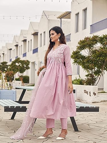 Womanista Women's Embroidered Empire Pure Cotton Kurta Trouser With Dupatta Set(Kurtaset_1157_M)