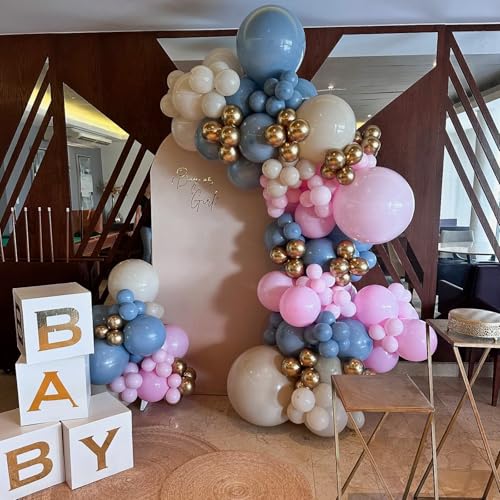 Image of Gender Reveal Balloons, 60 Pcs 12 Inch Dusty Pink Blue Balloons, Chrome Gold Sand White Balloon for Boho Neutral Gender Reveal Baby Shower Birthday Boy or Girl Bridal Bear Theme Party Decorations