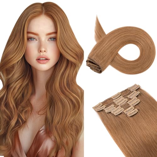 Image of Benehair Clip in Hair Extensions Real Human Hair, Blonde Hair Extensions Clip in Human Hair for Women, Long Straight, Remy Natural, Full Head 8pcs 20inch #6 Light Brown