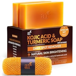 Kojic Acid Soap + African Net Sponge (2 pack X 142g Turmeric bars) Dark spot remover & Scars – Original Japanese Complex Vitamin C, Hyaluronic Acid, retinol, shea butter (Citrus)