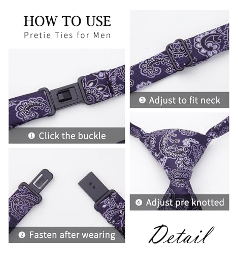 Image of HISDERN Pre Tied Ties for Men Adjustable Mens Tie Classic Paisley Stripe Necktie and Pocket Square Set for Wedding Party