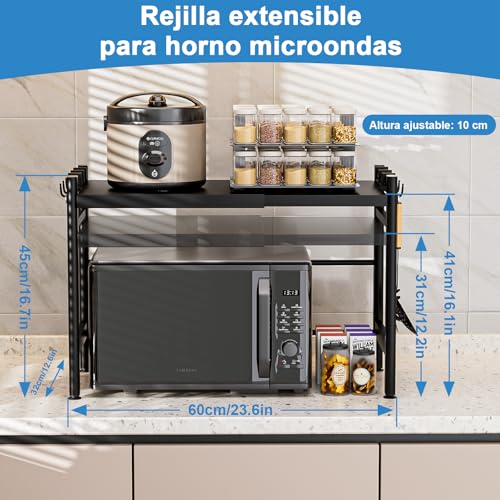 Vankarr Soporte para Microondas y Horno Cocina con 6 Ganchos, Estanteria para Microondas Encimera, Mueble Extensible Microondas Cocina - imagen 3