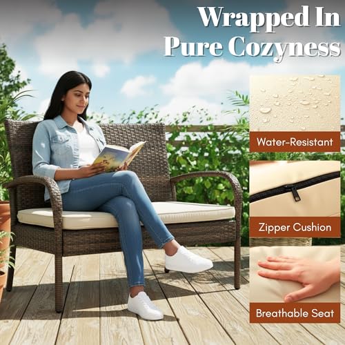 Image of DEVOKO Marbella Outdoor Wicker Patio Furniture 4-Piece Waterproof Sofa with Washable Cushion and Center Table for Outdoor Garden Balcony Backyard (Dark Brown & Cream)