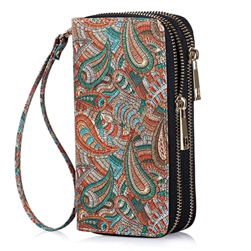 HAWEE - HAWEE Double Zipper Wallet for Woman Clutch Purse with Cell Phone Holder for Smart Phone/Card/Coin/Cash, Coffee Paisley