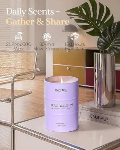 Image of M&SENSE Lilac Blossom Soy Candles for Home Scented, 21.2oz 120 Hour Long Burning Large Aromatherapy Candle for Stress Relief Meditation Yoga Relaxing SPA, Housewarming Gifts for Women