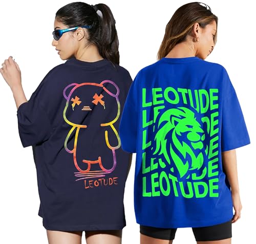 Image of LEOTUDE Cottonblend Oversized Half Sleeve Colorful Printed Combo T-Shirts for Women (Pack of 2)