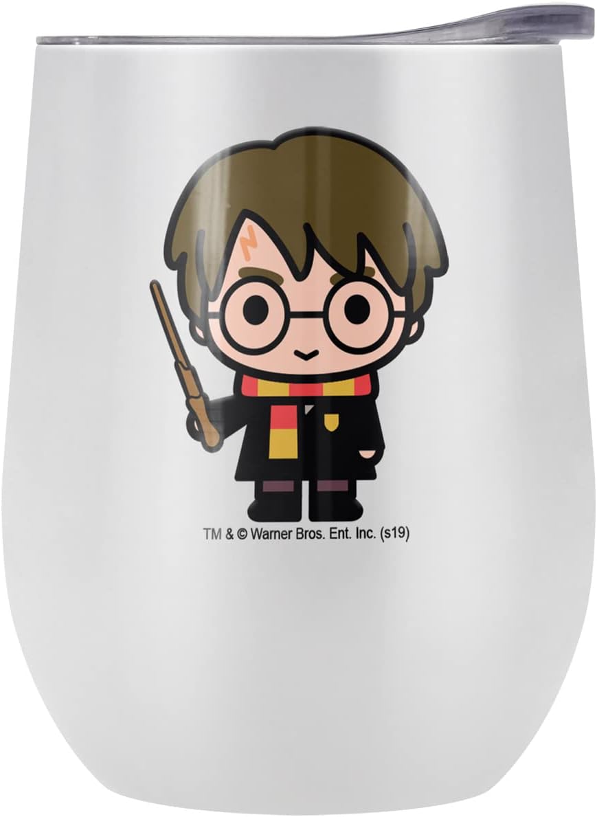 Harry Potter OFFICIAL Cute Chibi Character 12 oz Stemless Tumbler, Stainless Steel Travel Cup|Lake Tumbler|Insulated with Leak Resistant Slide-Lock Lid, White