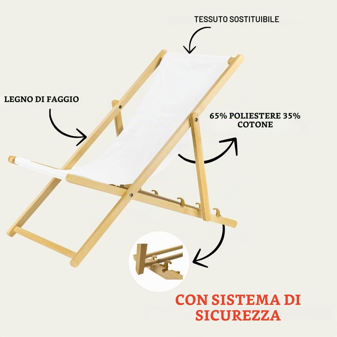 BAS Sedia a sdraio pieghevole in legno, colore bianco, pieghevole, pieghevole, pieghevole, per giardino, spiaggia e balcone, con rivestimento in tessuto traspirante, tessuto misto